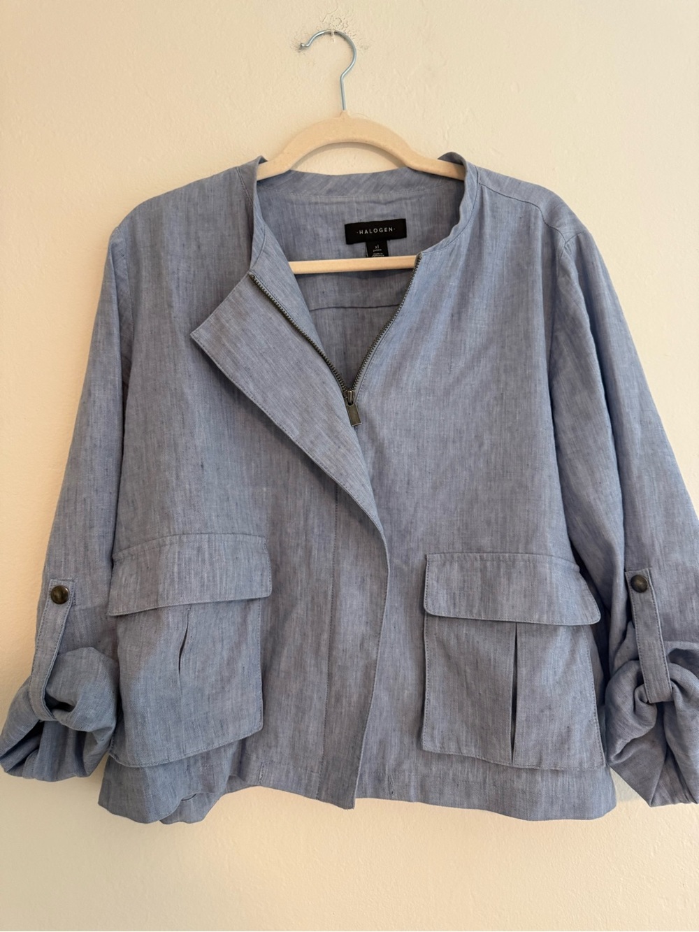 Halogen Light Blue Linen-Blend Zip Jacket with Flap Pockets